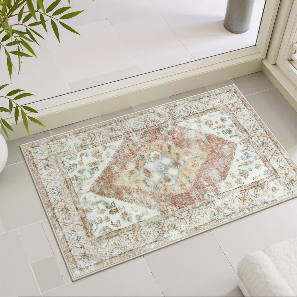 Uphome Boho Bathroom Rug Oriental Tribal Bath Mat Khaki Soft Shaggy Non-Slip Bathroom Mat Machine Washable Vintage Distressed Toilet Rug for Shower Sink Bathtub, 20x32 inch