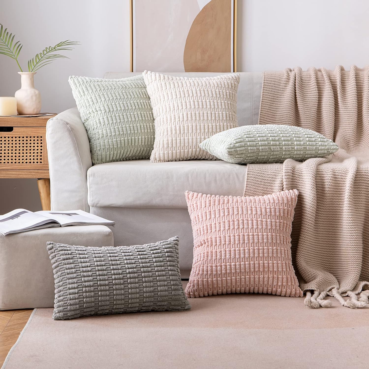 MIULEE Decorative Throw Pillow Covers - Soft Boho Striped Corduroy | Pack of 2, 12x12 Inch, Cream White