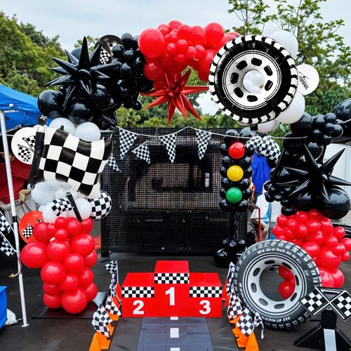Race Car Balloons with Checkered Flag and Tire Balloons, Red Black White Latex Balloons for Men Boy First Birthday Racing Theme Party Decorations Baby Shower Backdrop Supplies