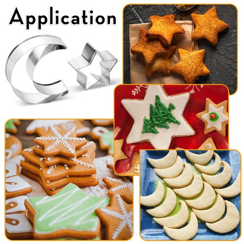 Star Cookie Cutters Set, Stainless Steel Star and Moon Cookie Cutter Shapes, Large Moon Star Shaped Biscuit Molds, Metal Cookie Cutters for Baking Pastry Fondant Ramadan Holiday (2pcs)