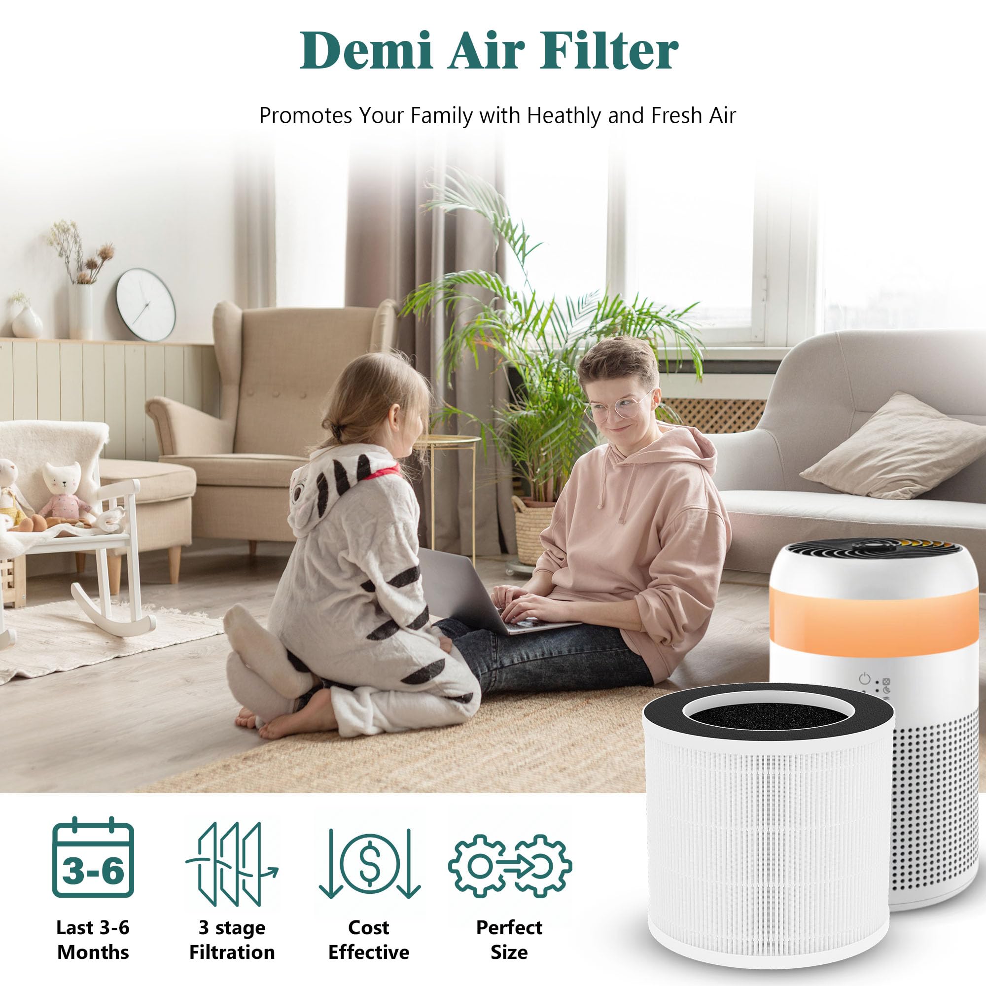 2 Packs Demi Replacement Filter Compatible with Afloia Demi Small Desktop Air Cleaner Purifier for Home Office, 3-in-1 Demi H13 True HEPA Filter,Fine Pre-Filter and Activated Carbon Filter
