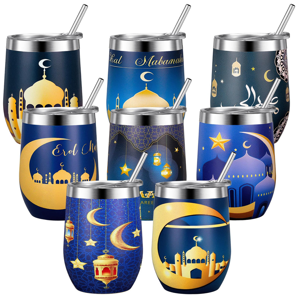 Sliner 8 Pcs Ramadan Mubarak Gifts Islamic Eid Tumbler with Lid 12oz Stainless Steel Muslim Gifts Mug Tumbler Double Insulated Coffee Cup Travel Mug for Muslim Islam Festival Holiday Favors
