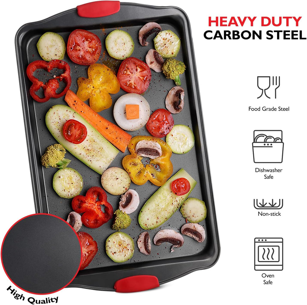 Skiennix Baking Sheet Set - 3-Piece Nonstick Cookie Sheets with Silicone Handles | Durable Steel Pans - Black