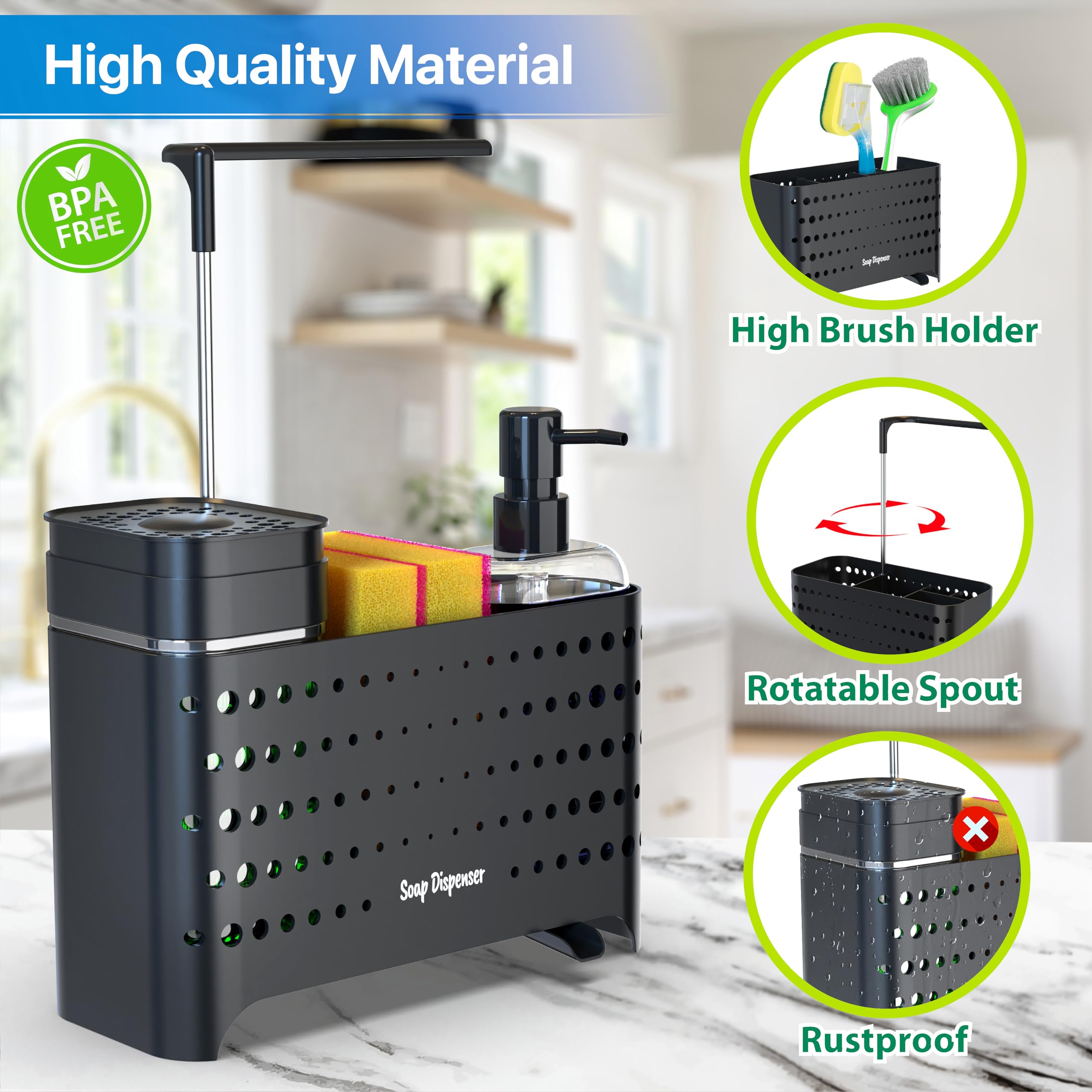 YAN & HIN Dish Soap Dispenser Set with Sponge Holder for Kitchen Sink, 5-in-1 Sink Caddy Organizer with Drain Tray, Brush Holder & Towel Rack, Space Saving Kitchen Counter Organizer