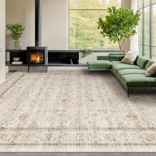 Floral Area Rug by Washable | Stain Resistant 10x14 Living Room Carpet in Light Beige - Soft Vintage Design