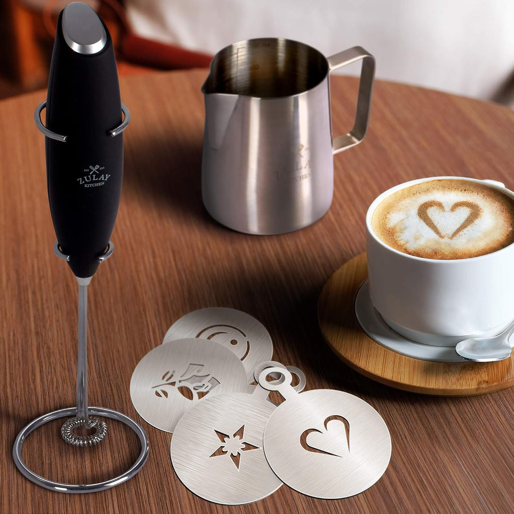 Zulay Premium Milk Frother Set - Handheld Coffee Frother with Stand & 12oz Pitcher | 4 Latte Art Stencils, 13,000 RPM Motor
