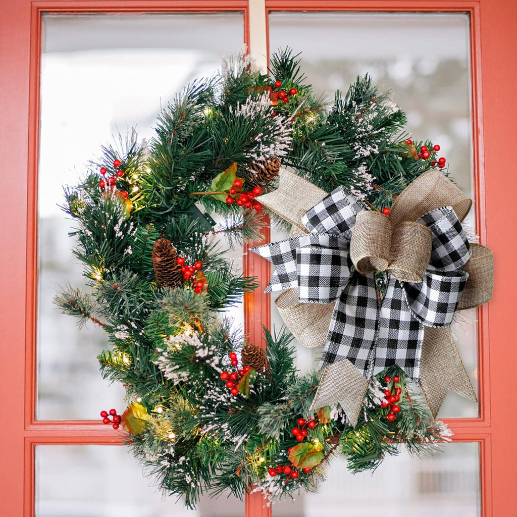 SIMISI Ribbon Buffalo Plaid Bow - Black & White Burlap Wreath Decor (9.5 x 13 Inch)
