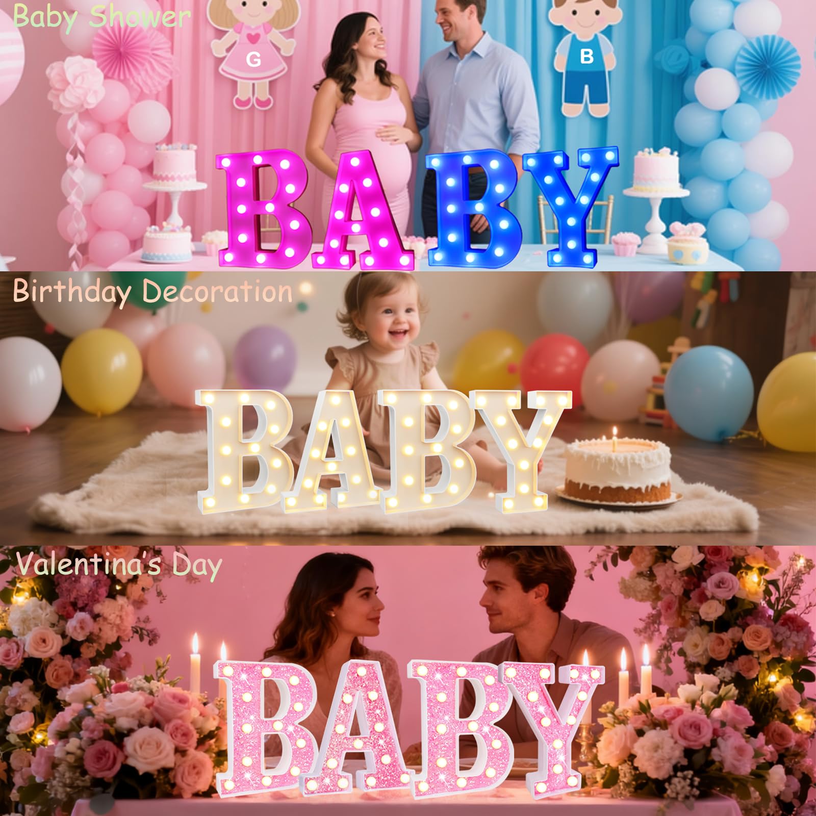 Pooqla BABY Marquee Light Up Letter Set, Gold Glitter Glowing Letters for Baby Shower Girl Boy Birthday Party Backdrop, LED Light Up Letter for Gender Reveal Home Bedroom Nursery Table Wall Decor