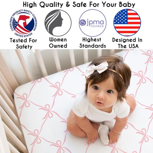 Sweet Jojo Designs Fitted Baby Crib Sheets (Pink Bows) for Girls, Infant Nursery, Toddler Bed Room - Standard Size Mattress (Blush and White Bow for The Ballerina Ballet Dancer Princess Collection)