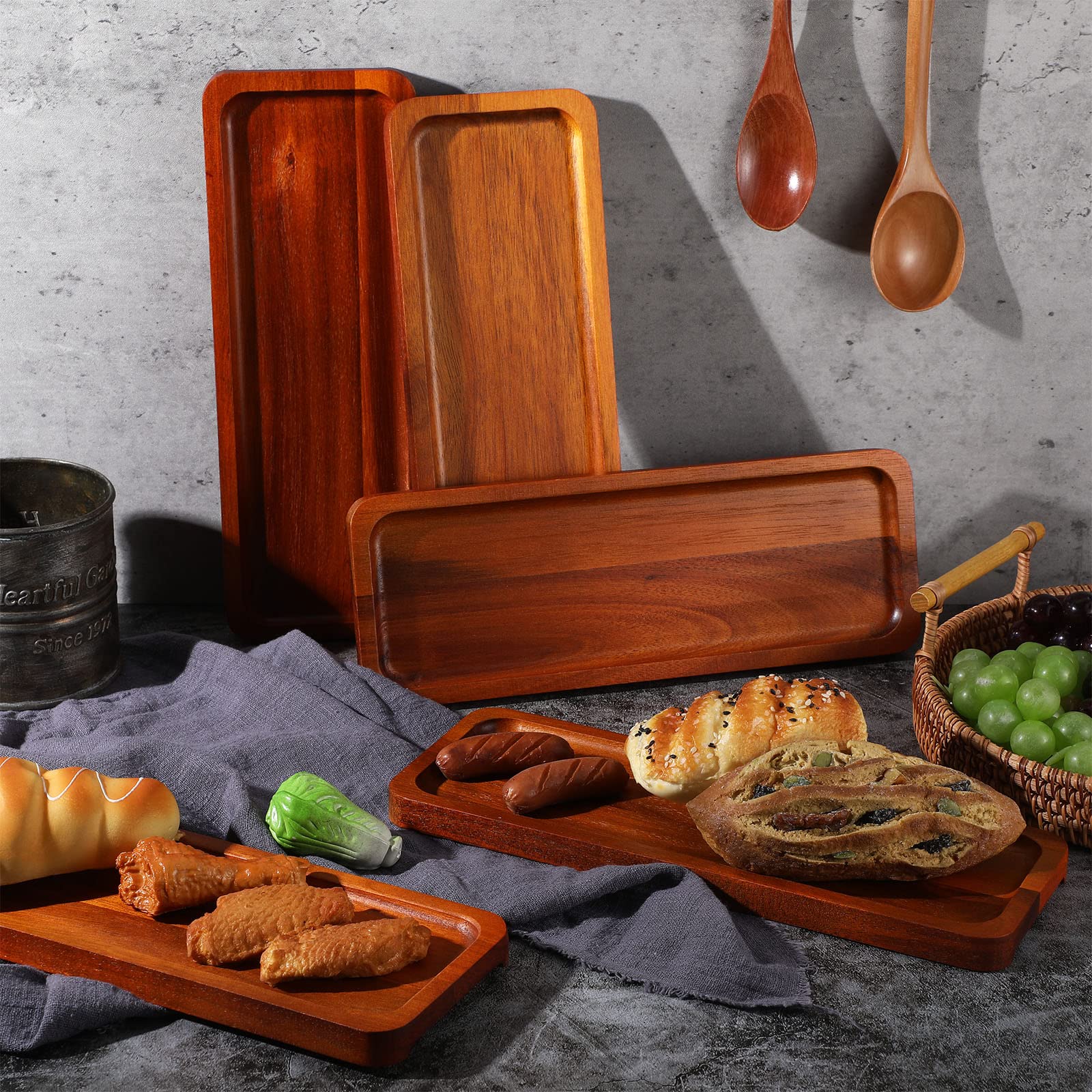 Skylety 15 Pack Solid Wood Serving Tray Large Acacia Party Server Platter Rectangular Charcuterie Board with Grooved Handle for Home Kitchen Cheese Appetizer Farmhouse Table Supplies (10.8 x 4 Inch)