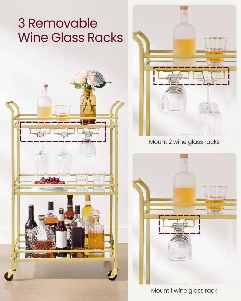 VASAGLE Bar Cart Gold, Small Home Bar Serving Cart with 3-Tier Mirrored Shelf, Wine Holders, Glass Holders, for Small Spaces, Kitchen, 15 x 23.6 x 36.2 Inches, Gold ULRC100A01
