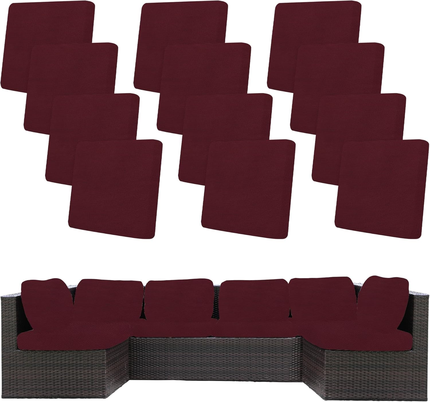 Skiennix 12-Piece Stretch Patio Cushion Covers - Washable Outdoor Sofa Slipcovers in Wine Red