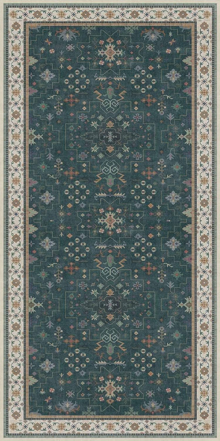 Oushak Dark Green 2x4 Entryway Rug - Modern Vintage Boho Floral Design, Washable Non-Slip Small Area Rug