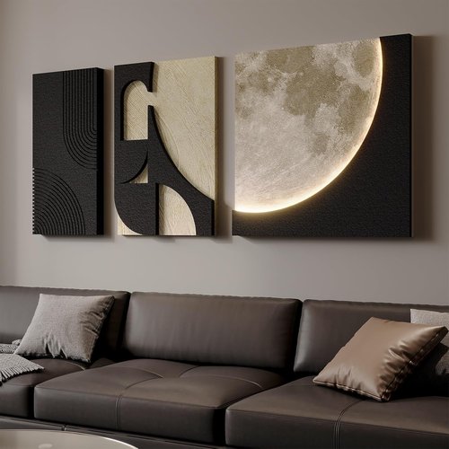 3D Textured Wall Art by [Brand Name] - Black and White Abstract Moon Design with LED Lights | 3-Piece Modern Paintings for Living Room, Hallway, Bedroom