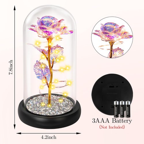 Valentines Day Rose Gifts for Her,Birthday Gifts for Women,Crystal Light Up Rose in A Glass Dome with Sparkling Base,Colorful Flowers Mothers Day Rose Gifts for Mom Wife Grandma Anniversary Christmas