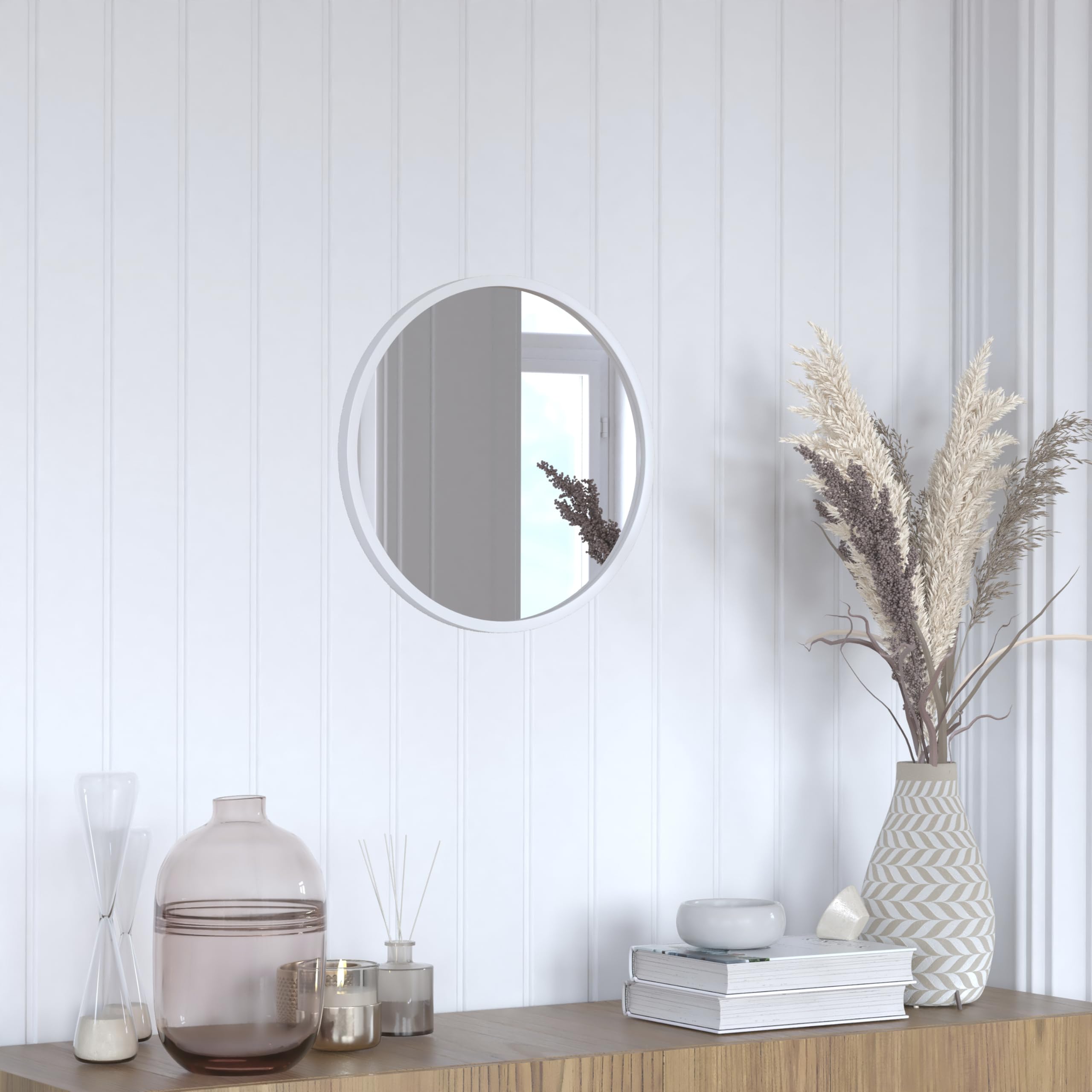 Flash Furniture Julianne Large Round Wall Mirror - Silver Circle Accent Mirror - 16" Vanity Mirror - for Bathroom, Vanity, Entryway, Dining Room, & Living Room