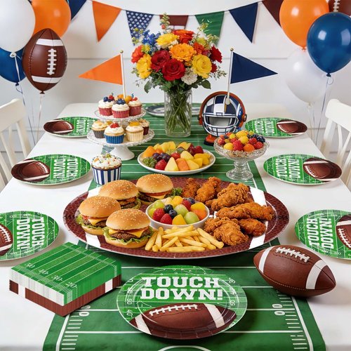 Grencian 150PCS Football Party Decorations Disposable Football Oval Paper Plates and Napkins Sports Theme Tableware Set for Sports Game Day Party Decor Birthday Party Supplies Serves 50