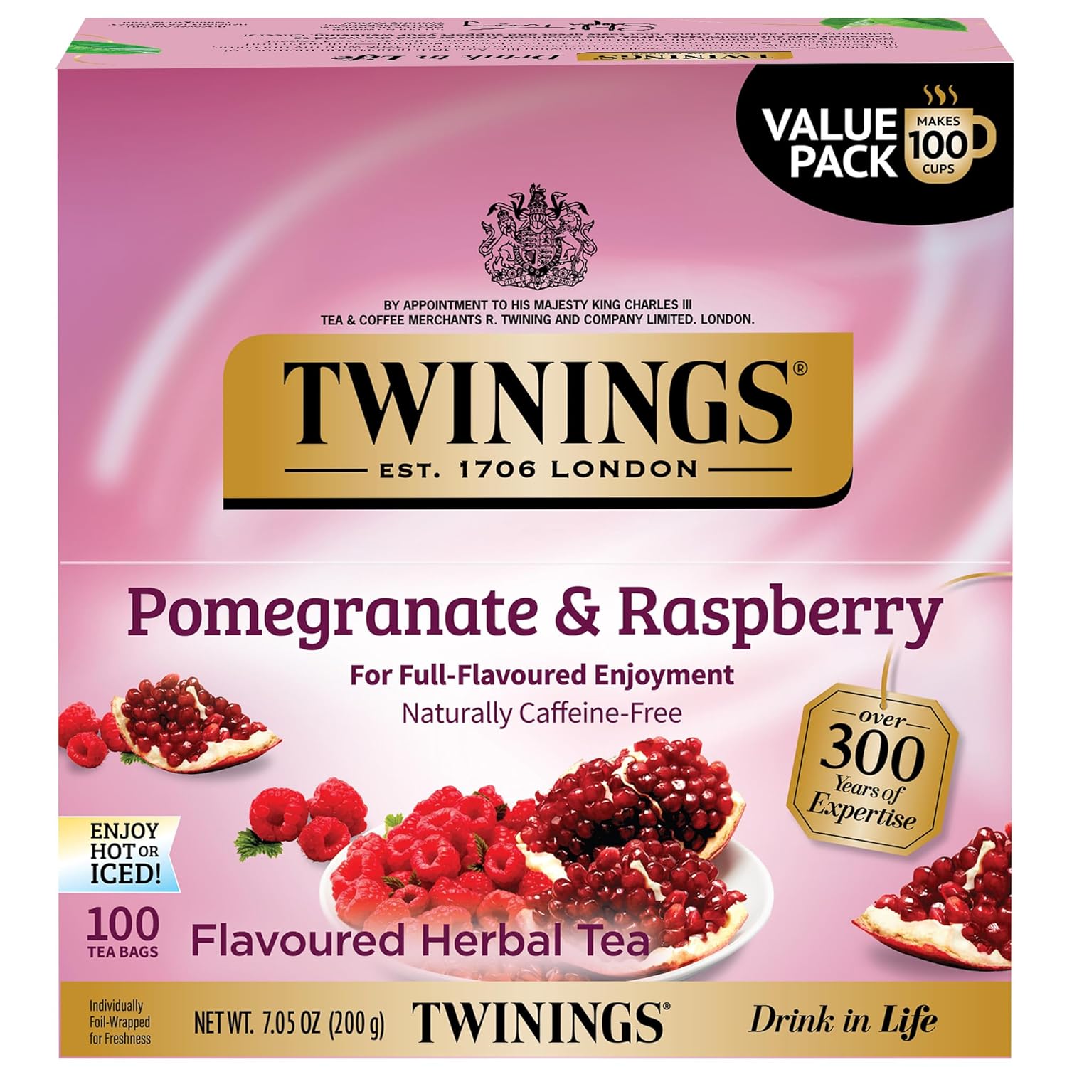 Twinings Pomegranate & Raspberry Herbal Tea - 100 Individually Wrapped, Naturally Caffeine-Free Teabags