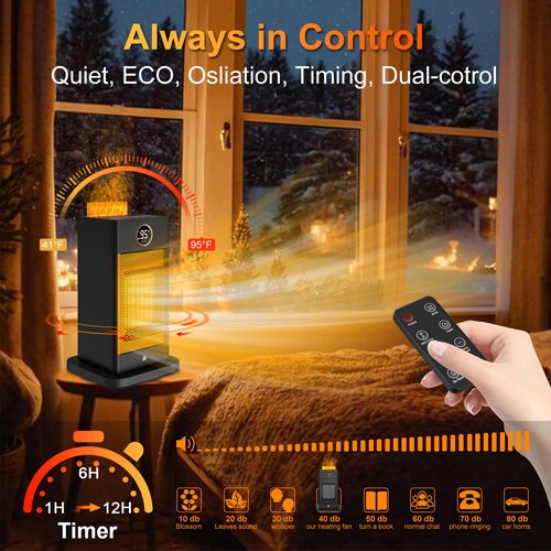 Space Heater, Space Heaters for Indoor Use with Humidifier/Sensor/ECO/3D Flame Effect/Thermostat/Timer/Oscillating, PTC Fast Electric Heaters, Quiet Portable Room Heaters for Bedroom/Office/Home
