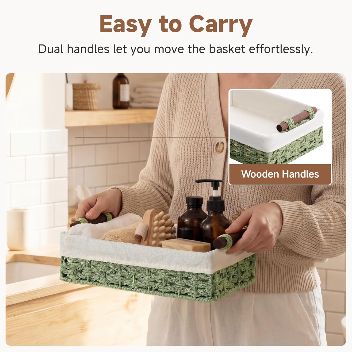 StorageWorks Small Wicker Baskets - Organizing with Handles & Liner, Green Paper Rope, 2 Pack