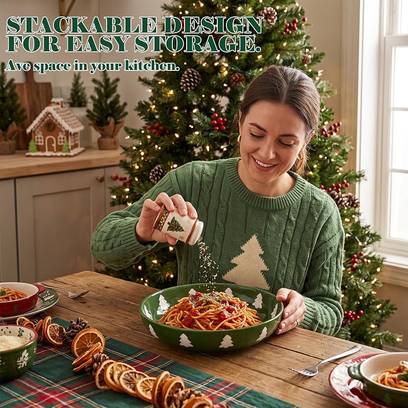 Christmas Tree Ceramic Pasta Bowls Set of 4 – Green with White Tree Pattern, 40 oz
