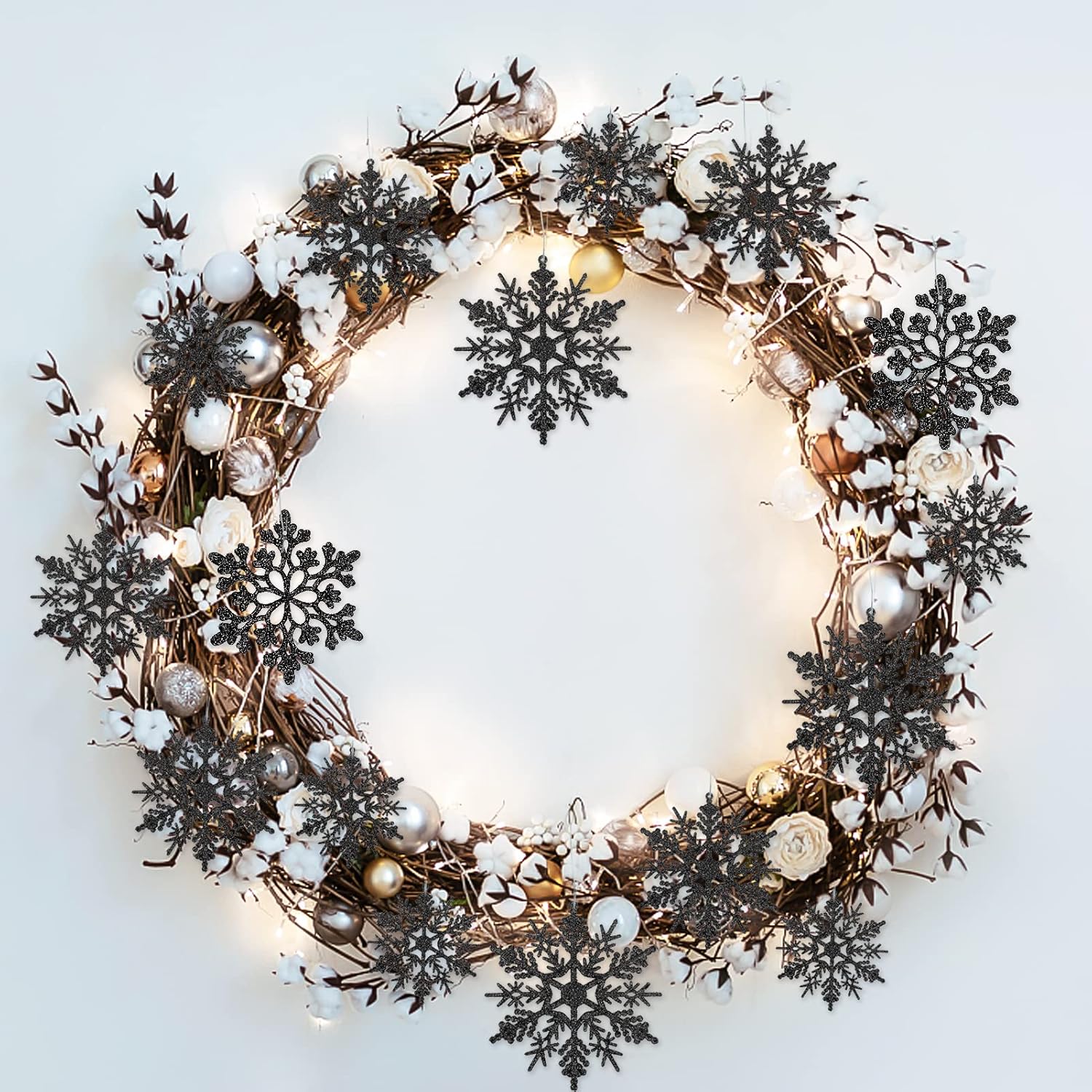 Skiennix 36-Piece Black Christmas Snowflake Ornaments - Glittery Plastic Decor for Holiday Trees & Parties