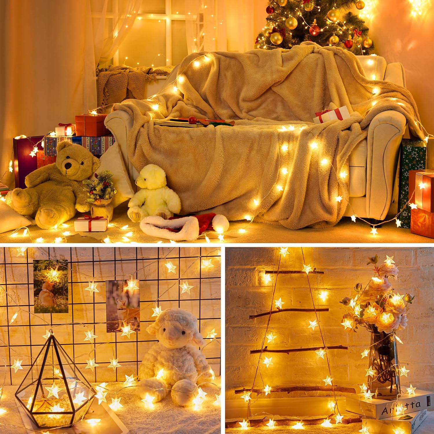 Minetom Star String Lights - 50 LED Battery Operated Fairy Lights | 17 ft Waterproof Warm White for Indoor & Outdoor Decor