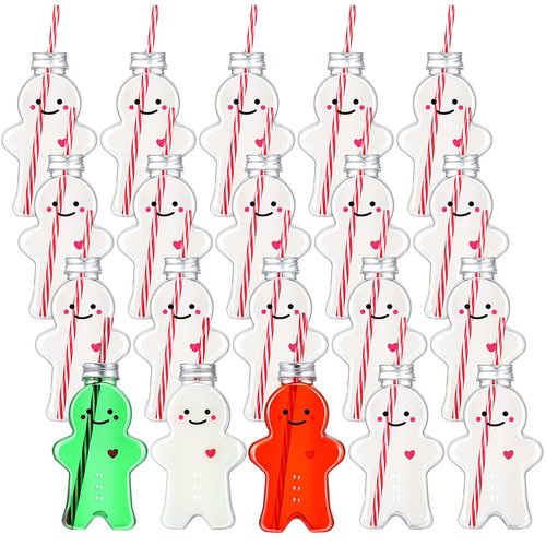 Sliner Christmas Bottles with Straws Including 20 Pcs Empty Plastic Drink Bottle & 20 Pcs Straws & Caps for Christmas Party Juice Milk Cup Drink Water Containers(20 Set,Gingerbread Man)