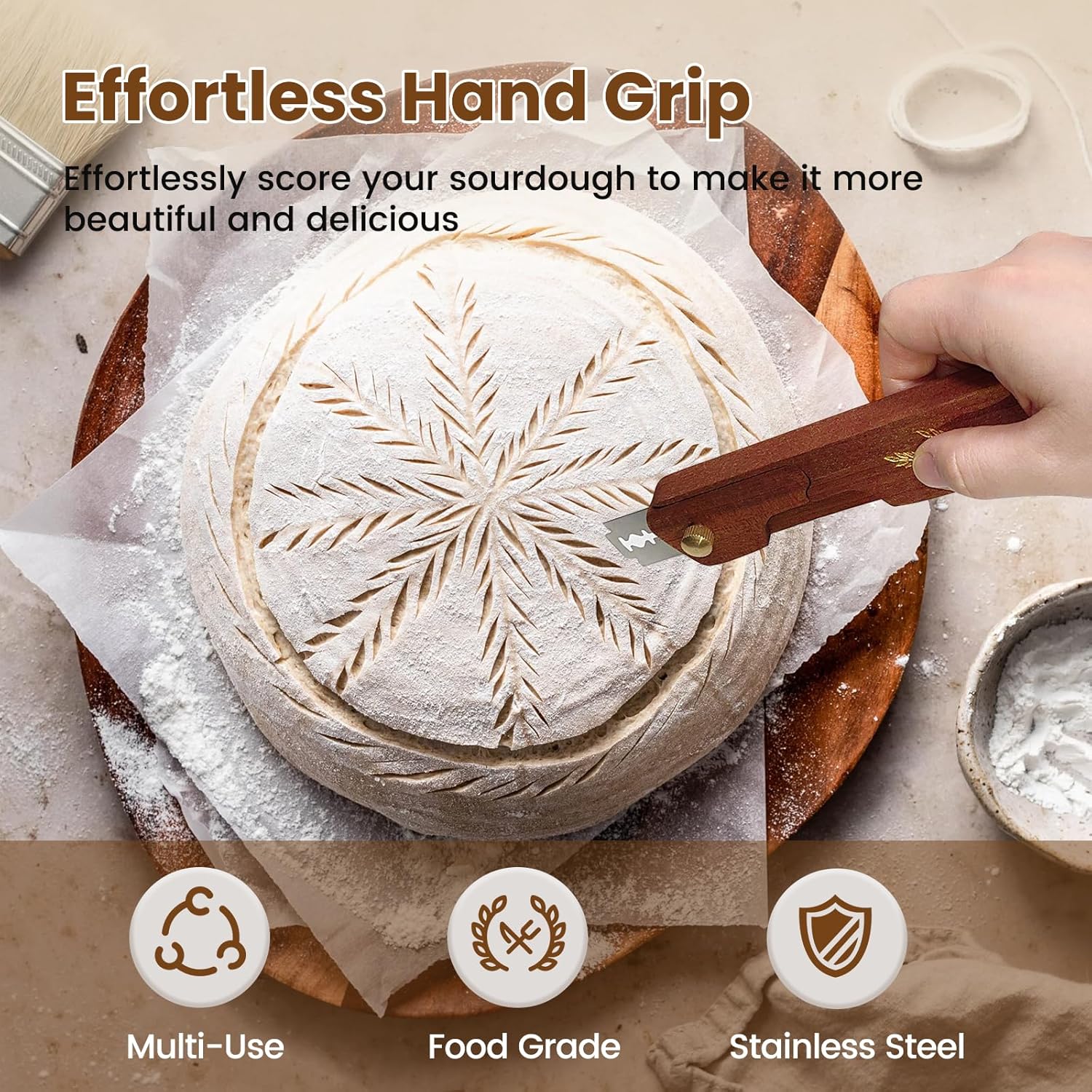 Skiennix Wooden Bread Lame - Handcrafted Dough Scoring Tool for Sourdough Baking | Includes 10 Razor Blades