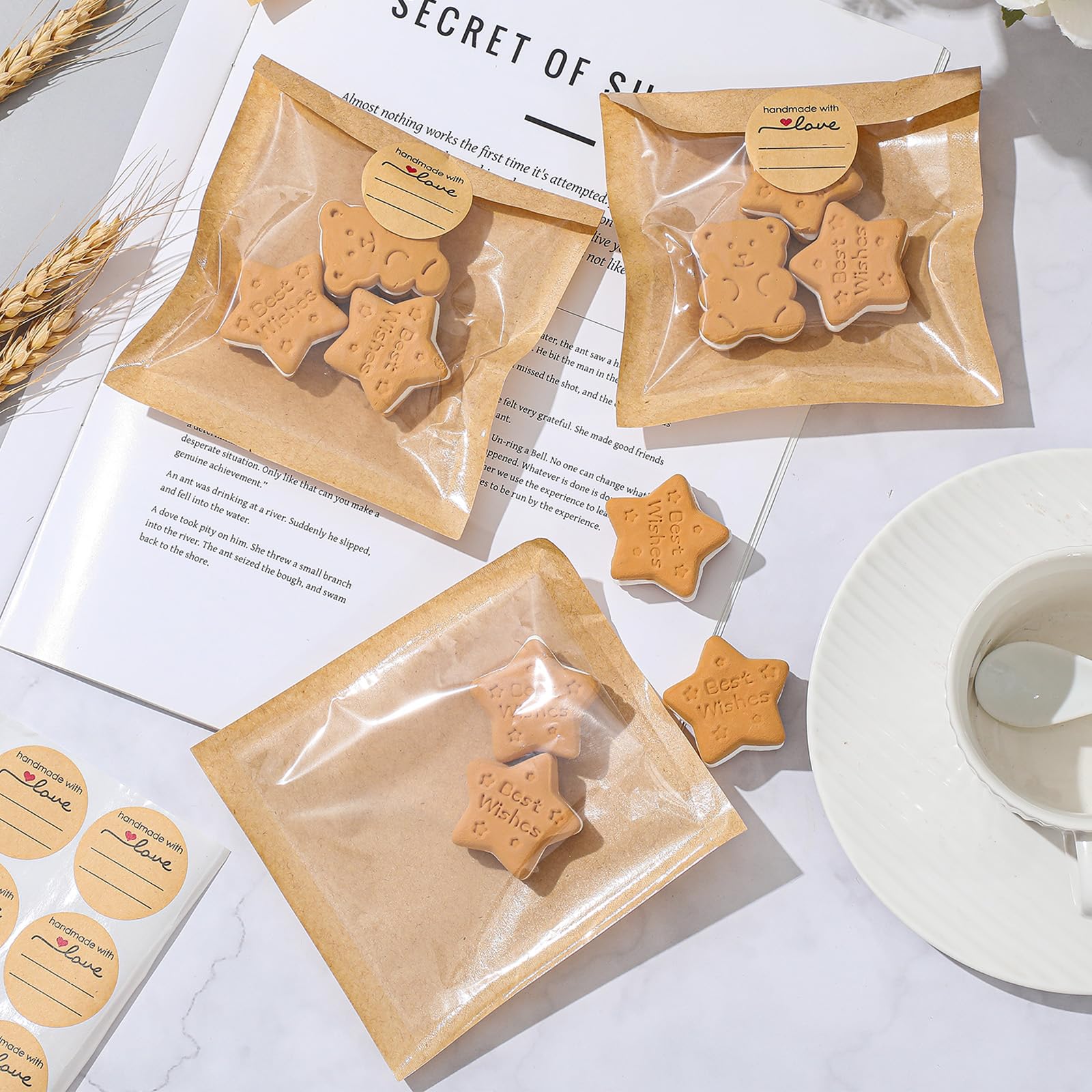 Outus 100 Pcs Cookie Packaging Bags with Seal, 4 x 4 Inch Bakery Pastry Bags with Window, Heat Sealable Grease Resistant Paper to Go Bake Sleeves for Gift Giving Donut Bread Sandwich (Brown)