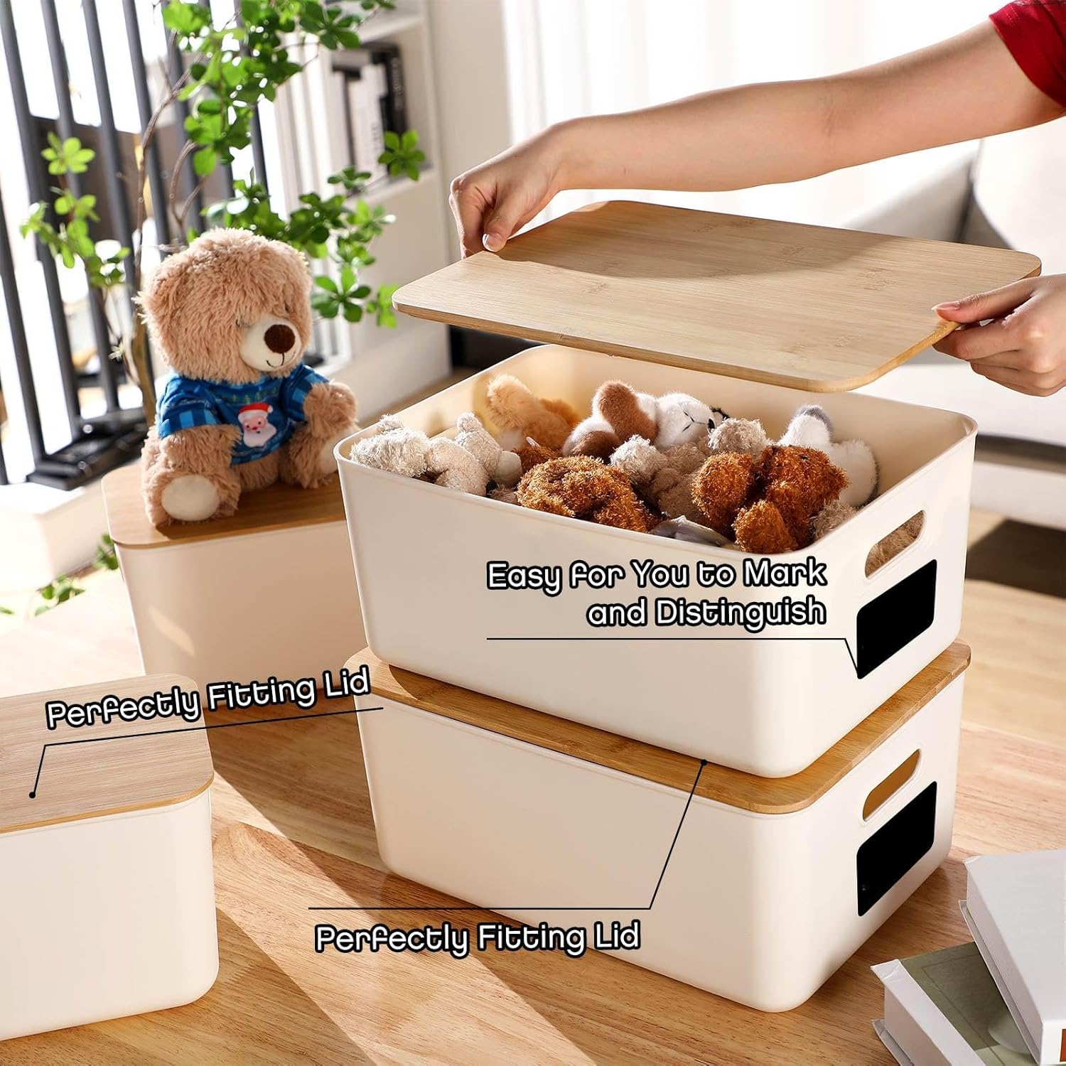 Suzile 6-Pack Plastic Storage Bins - Stackable Containers with Bamboo Lids for Christmas Ornaments & Organizing