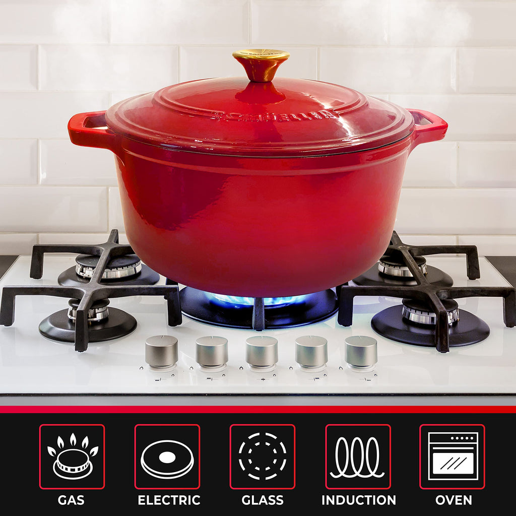 Mueller 6qt Enameled Cast Iron Dutch Oven, Heavy-Duty Casserole and Braiser Pan with Lid and Knob, Oven-Safe up to 500° F & Across All Cooktops, Red