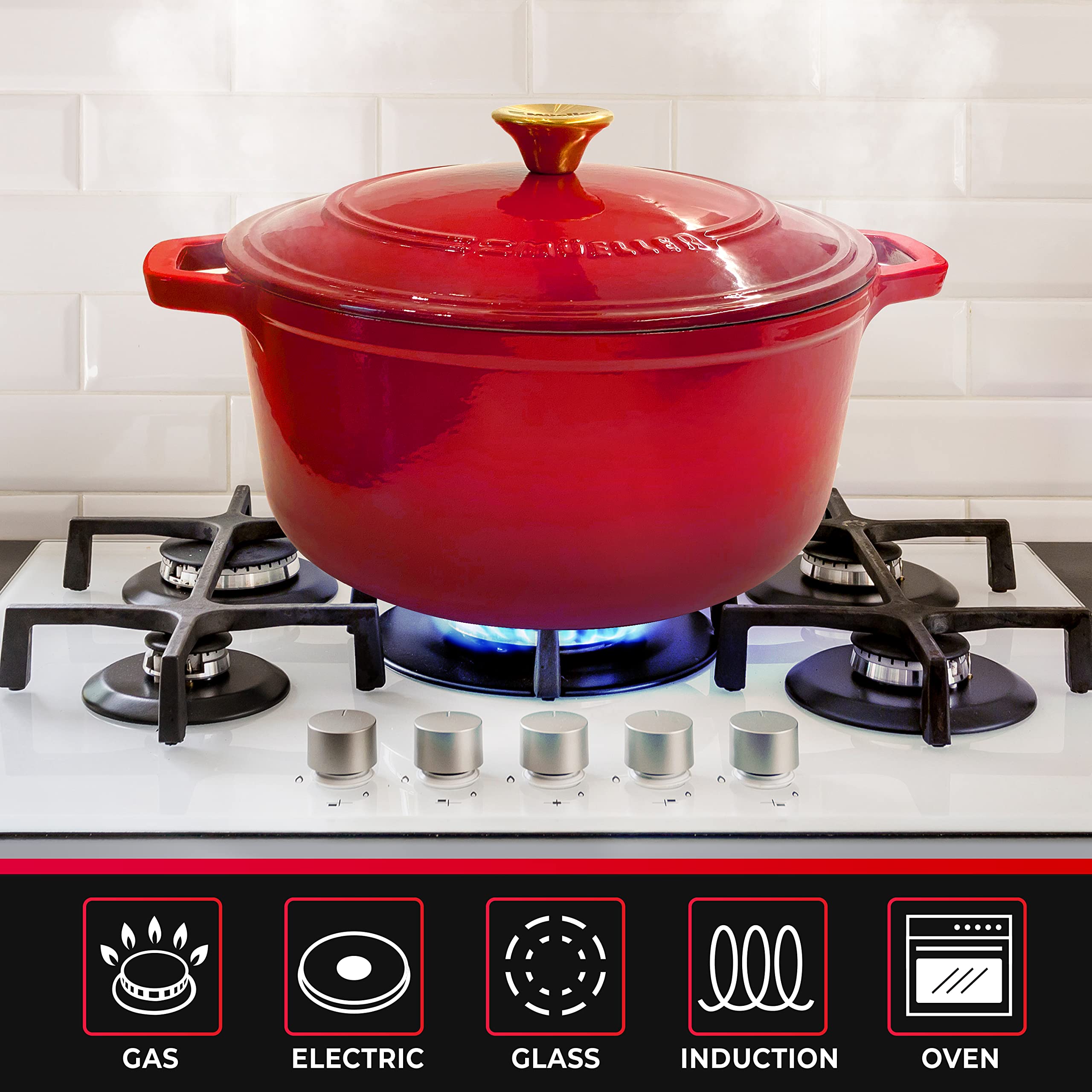 Mueller 6qt Enameled Cast Iron Dutch Oven, Heavy-Duty Casserole and Braiser Pan with Lid and Knob, Oven-Safe up to 500° F & Across All Cooktops, Red