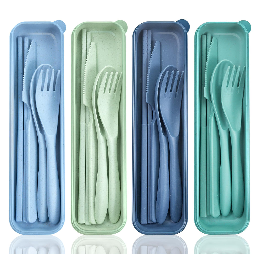DISSKNIC Reusable Travel Utensils with Case, Green Utensil Sets for Lunch Box, Chopsticks Reusable Plastic Utensils Lunch Box Accessories for Adults,Portable Utensils Set with Case,Camping Accessories