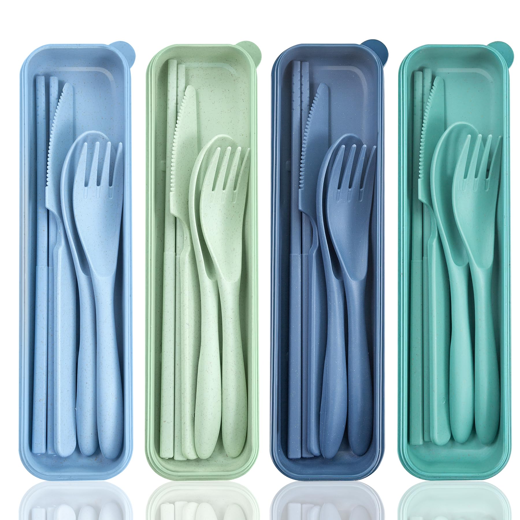 DISSKNIC Reusable Travel Utensils with Case, Green Utensil Sets for Lunch Box, Chopsticks Reusable Plastic Utensils Lunch Box Accessories for Adults,Portable Utensils Set with Case,Camping Accessories