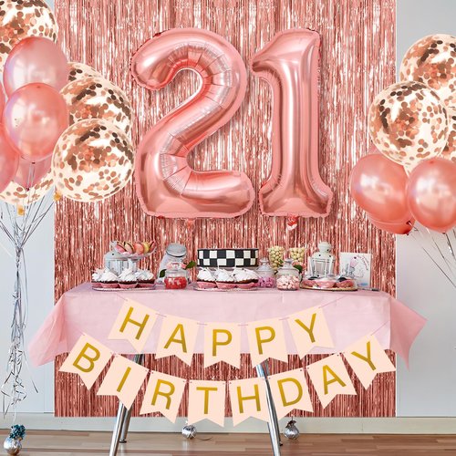 21st Birthday Decorations for Her,Happy 21st Birthday Decorations for Women Rose Gold 21 Boxes Decor for Girls Pink Rose Gold Foil Number Balloons Party Supplies Tassel Curtain