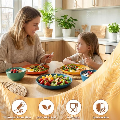 BUSOKIP Wheat Straw Dinnerware Sets for 8, Unbreakable Plates and Bowls Sets for 8, 32-Piece Dishes Set, Microwave Safe Plastic Plates Reusable, Cups and Bowls Sets for Kitchen, Outdoor - Multi