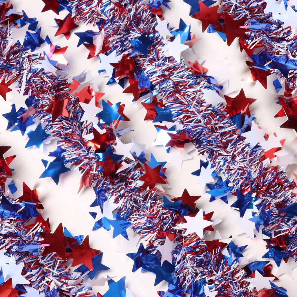 Skiennix 50Ft Glitter Tinsel Garland - Patriotic 4th of July Decorations for Indoor/Outdoor Use