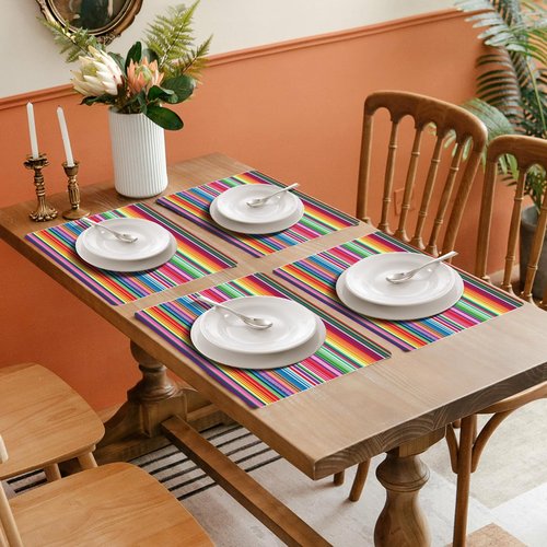 Mexican Fiesta Plastic Placemats Set of 6 Colorful Striped Cinco De Mayo Plastic Place Mats 16x 11 Inch Washable Holiday Vinyl Table Mats for Indoor Outdoor Kitchen Dinner Table Setting