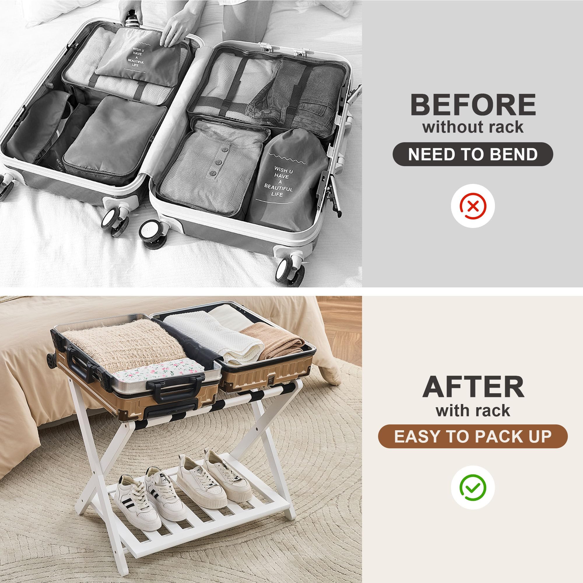 oakvivo Fully Assembled Luggage Racks Pack of 2, Upgraded Bamboo Foldable Suitcase Stand with 5 Nylon Straps, 26.77" Thickened Luggage Stand Holder with Shelf for Guest Room Bedroom Hotel, White