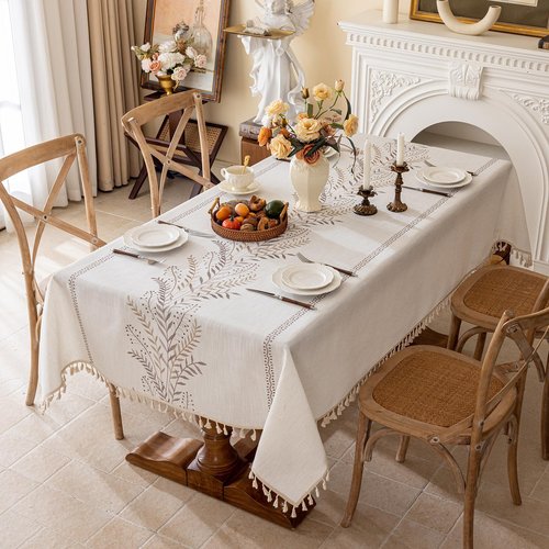 Joyfol Day Rustic Waterproof Linen Tablecloth, Heavy Weight Fern Embroidery Table Cloths for Rectangle Tables, Farmhouse Spill-Proof Table Covers with Tassels, Coffee 55''x 120''