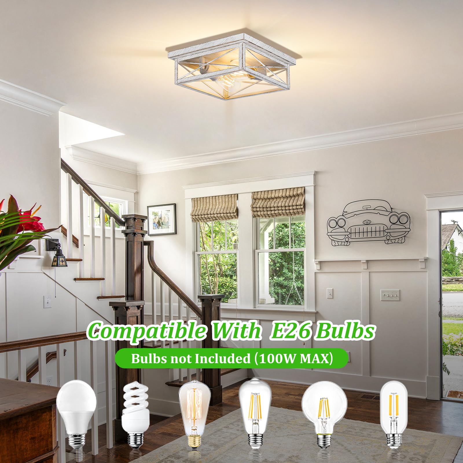 Kondras Antique White Hallway Light Fixture, 2-Light Farmhouse Flush Mount Ceiling Lighting, 1-Pack Metal Kitchen Lighting Fixture, Square Close to Ceiling Lamp for Bedroom Living Room Entryway