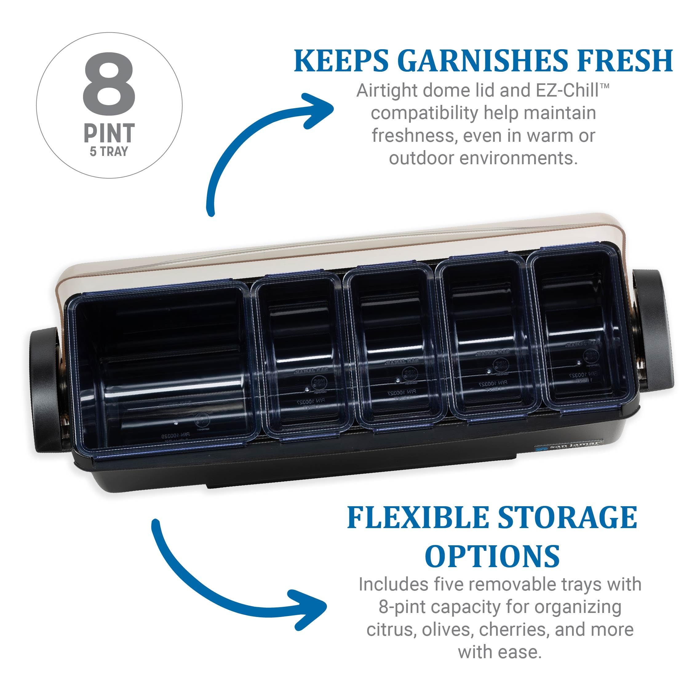 San Jamar Dome Garnish Center 5 Tray with Caddy for Kitchen, Bar, And Restaurants, Plastic, 8 Pints, Black