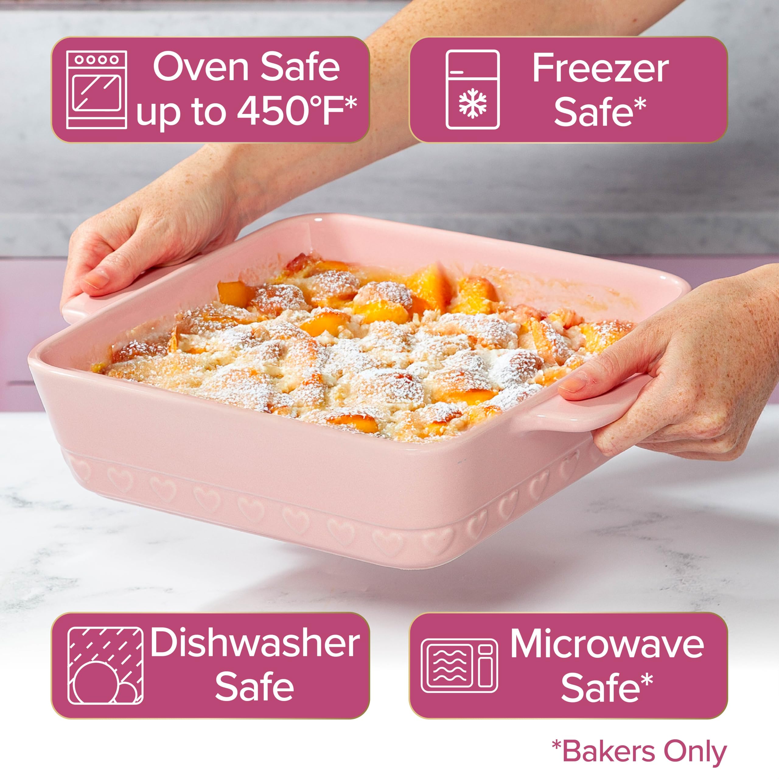 Paris Hilton 3-Piece Ceramic Baker Set, Iconic Stoneware with Square & Heart Bakers and Spoon Rest, Microwave/Oven/Freezer Safe, Durable Bakeware for Everyday Cooking & Serving, Pink
