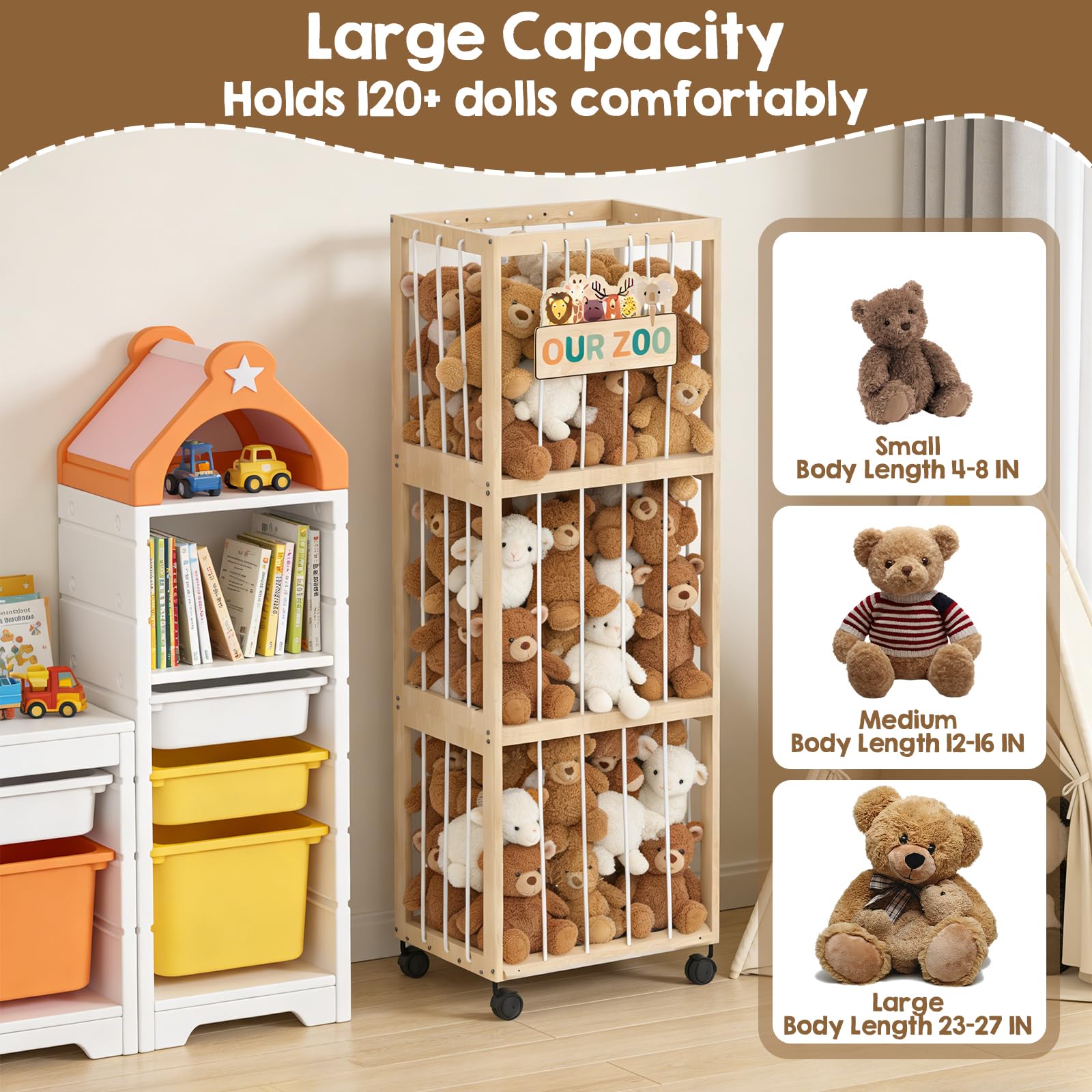 DEMEGA Stuffed Animal Zoo Storage with Wheels, Mobile Wooden Toy Organizer Cage with Elastic Band, Easy Assembly Large Capacity for Nursery Playroom Bedroom