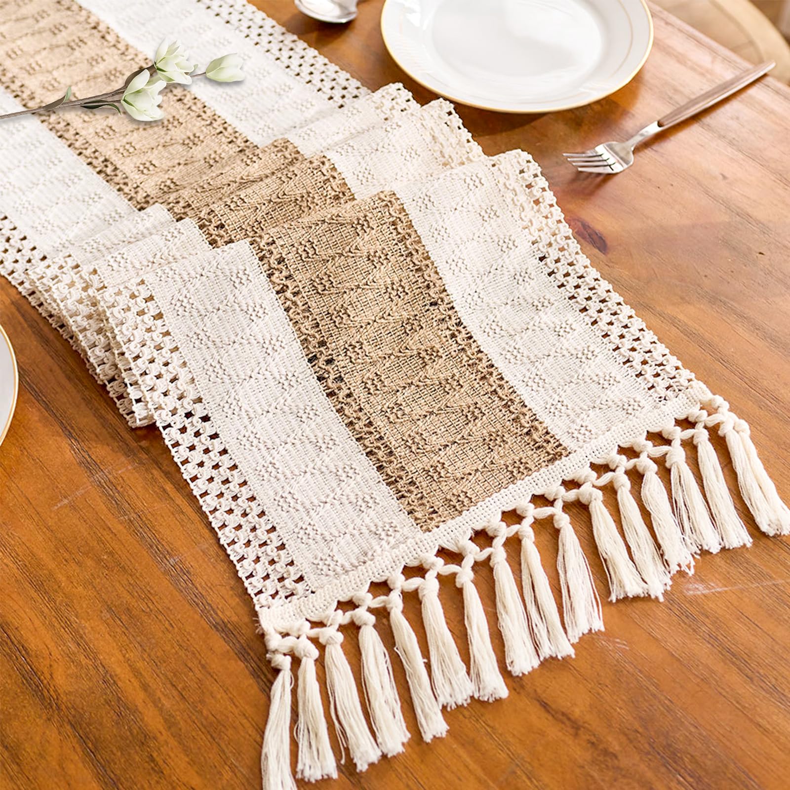 Vanzard Boho Table Runner for Spring Home Decor with Tassels 72 Inches, Farmhouse Rustic Cream & Brown Table Runners for Bohemian Kitchen Summer Dining Table(12x72in, Fringe Included)