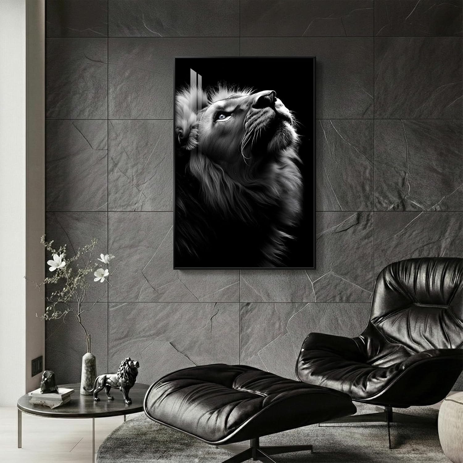 Modern Wall Art - Framed Black and Gray Lion Portrait by [Brand Name] | Minimalist 24x36 In Decor