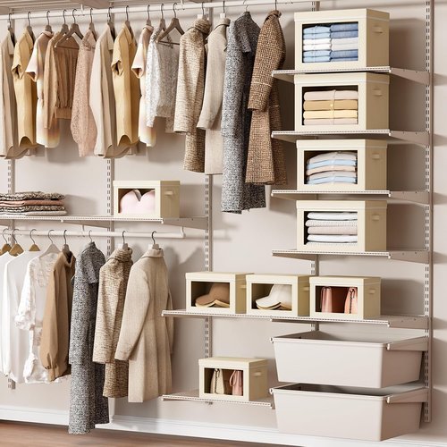 Homsorout Storage Bins - Small Collapsible Fabric Organizers with Lids | Beige, 3-Pack for Clothes & Towels