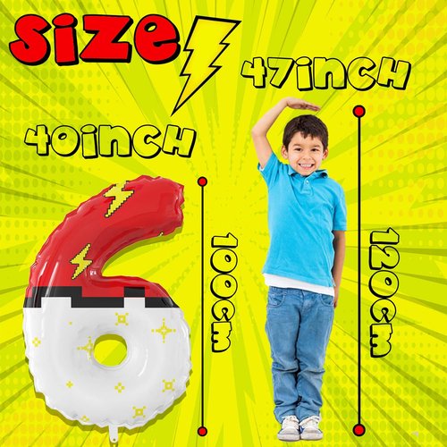 40 Inch Red White Cartoon Theme Number Balloons Large Birthday Party Number Balloons Cartoon Animation for Kids Birthday Party Decoration Supplies (Number 6)