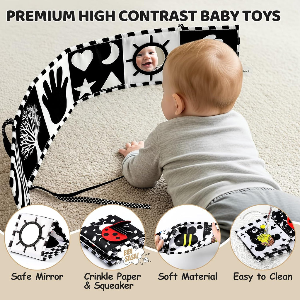 Skiennix 3PCS High Contrast Baby Toys - Tummy Time Mirror & Crinkle Cloth Teether for Newborns